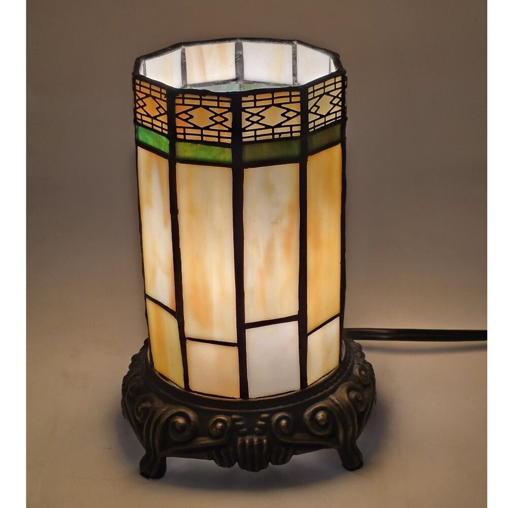 Vintage 90s Mission Stained Glass Paneled Cylinder Hurricane Accent Lamp Light